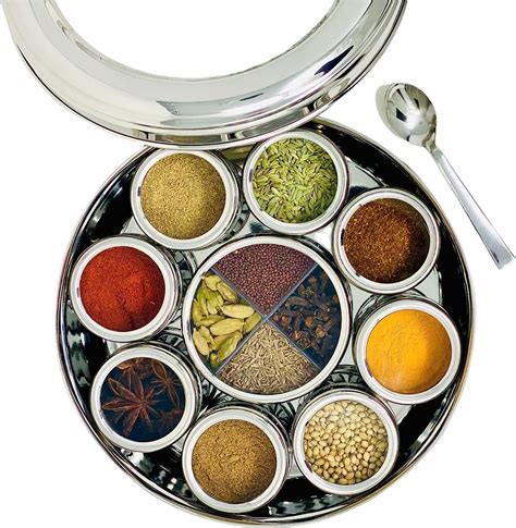 authentic stainless steel masala dabba spice box|indian spice tin with spices.